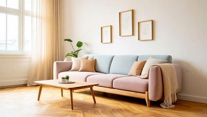 Bright Scandinavian Living Room with Pastel Sofa and Light Wood
