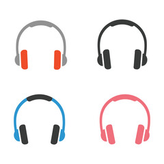 Four colorful headphone illustrations arranged in a square format on white