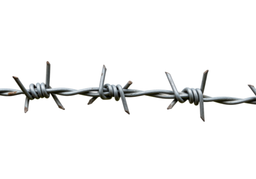 Close-up of barbed wire with sharp points against a plain background, symbolizing barriers