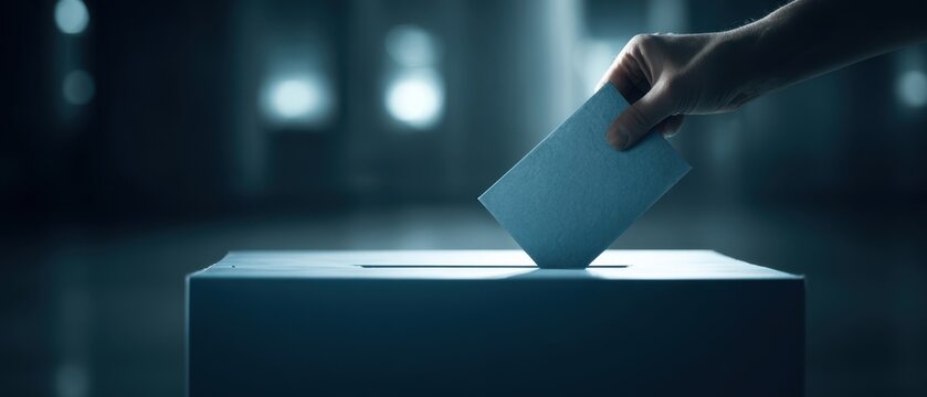 The hand inserting a ballot into a grey voting box during an election process.