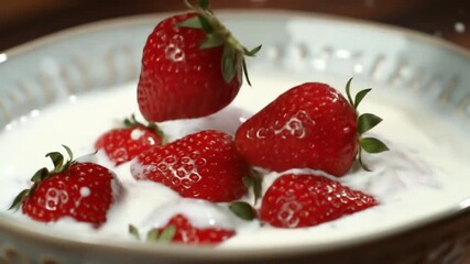 Fresh strawberries dipped in creamy white liquid in a bowl - Powered by Adobe