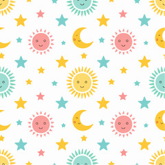 colorful baby pattern, with stars moon and sun. repeating pattern for kids on white background.