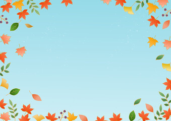 紅葉やイチョウ 秋の葉のベクターフレーム背景 水色 背景透過 Autumn leaves and ginkgo autumn leaf vector frame background sky 