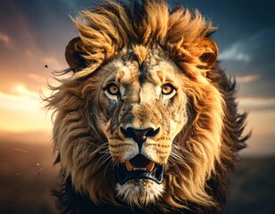 Naklejka premium a Lion's face with thick hair. close up.