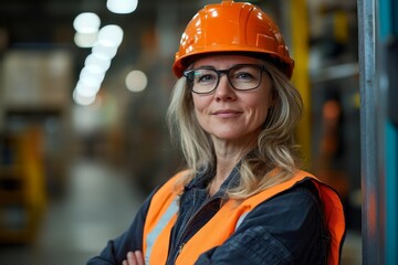 Portrait of a female warehouse worker or supervisor in an industrial setting, managing operations and overseeing logistics in a warehouse environment, Generative AI