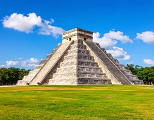 Ancient pyramid in a grassy field under a vibrant sky