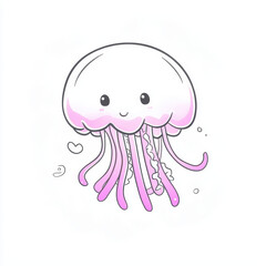 Cute pink jellyfish cartoon with smiling face and flowing tentacles on white background, playful and friendly sea creature