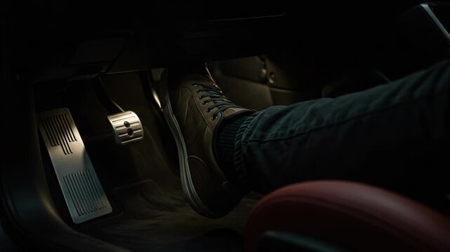 A closeup shot shows a persons foot in a stylish shoe pressing down on a cars accelerator pedal