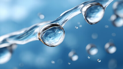 Photorealistic 3D model of water molecule with smooth transparent bonds, glossy liquid texture, luminous blue lighting, and floating microbubbles for advanced cosmetic, skincare, and hydration science