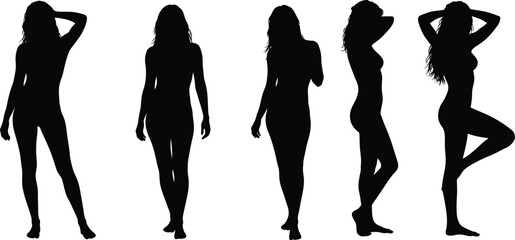 Collection of five elegant female figures in silhouette poses isolated on transparent background