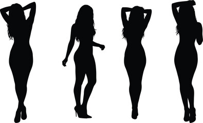 Four elegant female figures in silhouette showcasing different poses and body shapes isolated on transparent background silhouette