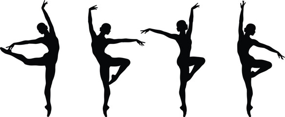 Four elegant female ballet dancers performing graceful poses in a dynamic silhouette isolated on transparent background