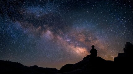 Fototapeta premium Silhouette of Person Under Stunning Night Sky with Milky Way
