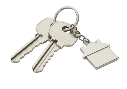 Close-up of two silver keys with a house-shaped keychain on a white background