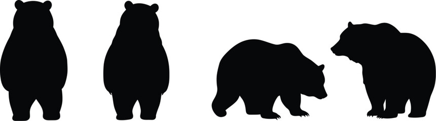 Four black bear silhouettes in various poses standing and walking on a transparent background silhouette isolated on transparent background