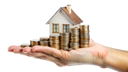 Hand holding house model on coins isolated on transparent background, representing real estate investment and financial growth for future success