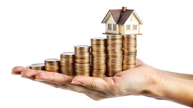 Hand holding house model on coins isolated on transparent background, symbolizing real estate investment and financial growth for a secure future - Powered by Adobe