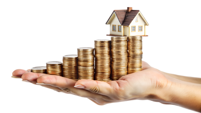 Hand holding house model on coins isolated on transparent background, symbolizing real estate investment and financial growth for a secure future