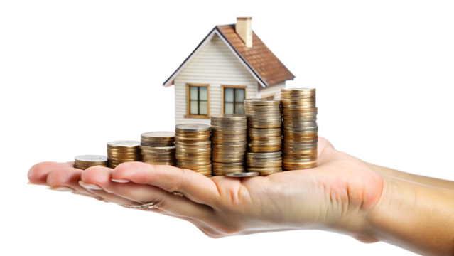 Hand holding house model on coins isolated on transparent background, representing real estate investment and financial growth for future success - Powered by Adobe
