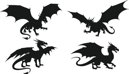 Four distinct dragon silhouettes in flying and standing poses isolated on transparent background