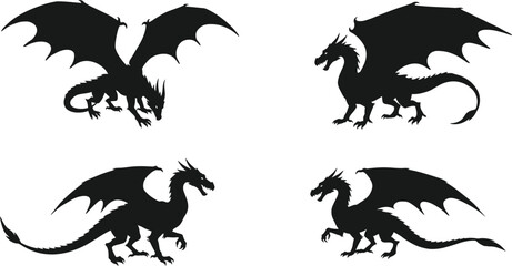 Four distinct black dragon silhouettes in various dynamic poses showcasing their mythical wings and powerful bodies isolated on transparent background silhouette
