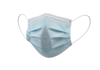 Close-up of a blue surgical mask on a white background, symbolizing health safety