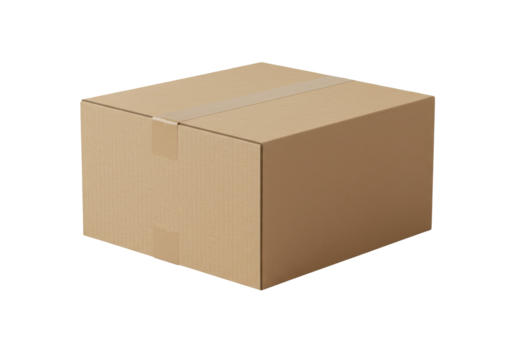 A plain cardboard box sits on a clean surface, ready for shipping or storage