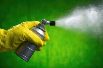 Hand in yellow glove holds spray can, white mist erupts