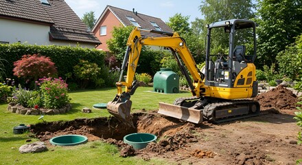 Excavator Digging Septic System in Yard