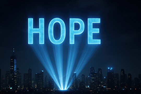 Hope Text In Blue Light Projection Over City
