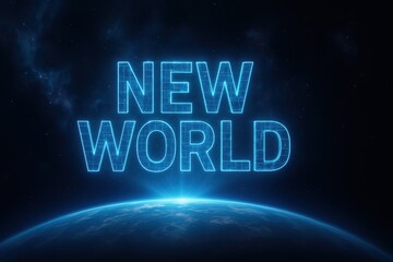 New World Text Above Planet Horizon. Futuristic Digital Typography Space Concept