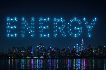 Energy Word Formed By Drones With Lights Above City Skyline At Night