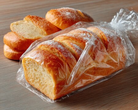 Freshly baked bread in plastic wrap