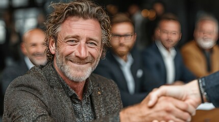 Businessmen greeting each other, starting a formal meeting seated at a conference table, feeling satisfied with negotiations results, reaching an agreement, closing a profitable commercial deal
