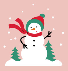 Cute winter Christmas snowman  flat stock vector illustration.
The snowman is standing in the snow with trees and snowy scenery behind him clipart design.
Good for greeting card, poster, banner.