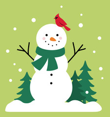 Cute winter Christmas snowman  flat stock vector illustration.
The snowman is standing in the snow with trees and snowy scenery behind him clipart design.
Good for greeting card, poster, banner.