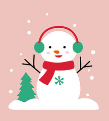 Cute winter Christmas snowman  flat stock vector illustration.
The snowman is standing in the snow with trees and snowy scenery behind him clipart design.
Good for greeting card, poster, banner.