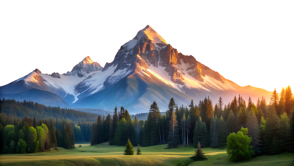 Majestic mountain peak at sunrise with snowcapped summit, lush green forest, and vibrant colors creating a breathtaking natural landscape isolated on transparent background