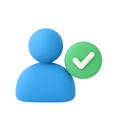3D blue user icon with green check mark badge representing verified profile isolated on transparent background