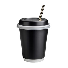 Sleek black disposable coffee cup with a golden straw and white lid isolated on transparent background