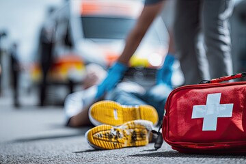 Injured person on street, first responders assisting