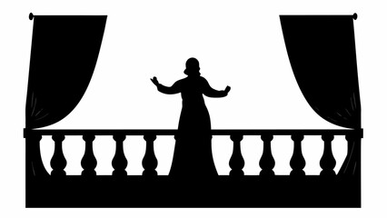 Silhouette of a woman on a balcony with draped curtains in a theatrical pose with arms outstretched