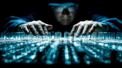 Hands installing memory modules into motherboard slots, focused light on metallic surfaces, dark background,