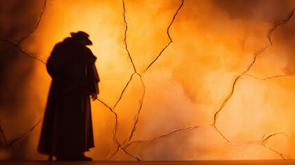 Mysterious silhouette of a figure in a long coat against a cracked orange wall, evoking suspense and intrigue