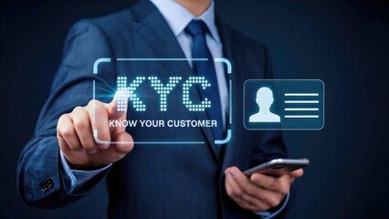 Professional businessman uses digital interface for KYC verification and customer data management