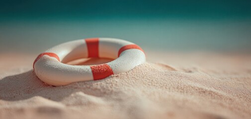 The lifebuoy resting on the sandy beach under a clear blue sky.