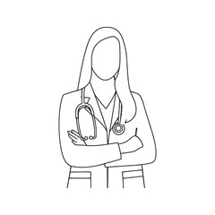 Female Doctor with Arms Crossed. Faceless Line Art Illustration of a Confident Woman Healthcare Professional with Stethoscope.
