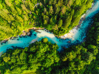 Wonderful Soca river and gorge in the green forest, Bovec, Slovenia. Kayaking destination in Slovenia in Triglav National park