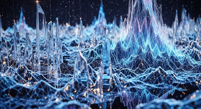 Abstract crystal landscape with intricate interconnected network and digital artistry