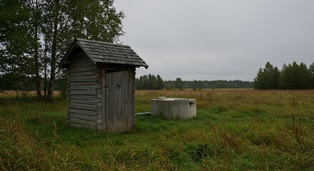 Rustic Outhouse and Well in Field